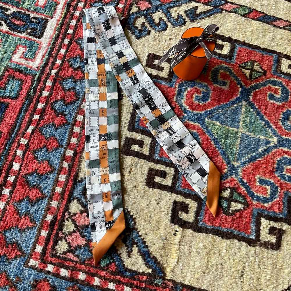 SOLD ON EBAY Hermès Orange and Black Checkered Silk Twilly Scarf Ribbon
